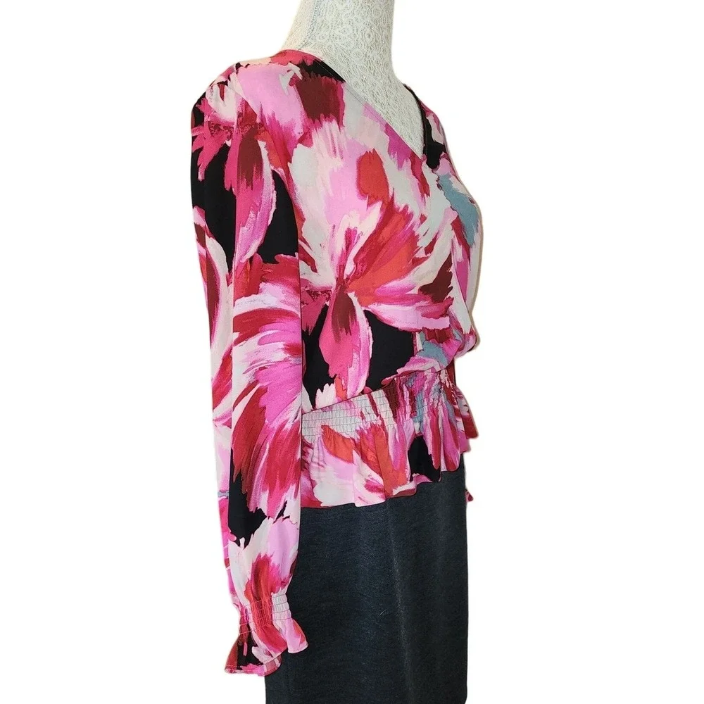 Halogen Blouse‎ M Retro Floral Print Long Sleeve Elastic Waist - Picture 3 of 7